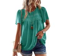 TUUHAW Women Tops Dressy Round Neck Flowy Dressy Tunic Tops Babydoll Cute Shirts for Women Pom Pom Loose Short Sleeve Flowy Turquoise Blouses Office Elegant Plus Size Clothes XL