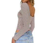 TUUHAW Women Tops Long Sleeve Backless Striped Base T Shirts Camel White S
