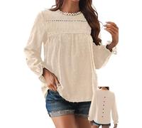 TUUHAW Women Tops Round Neck Long Sleeve Shirts Boho Crochet Casual Autumn | Swiss Dot Blouses, Flowy Lace Hem Clothing, Elegant Smocked, Basic Plain, Bardot Peplum Shirts, Vintage Holiday Tee Shirt