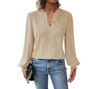 TUUHAW Women Tops V Neck Long Sleeve Shirts Swiss Dot Flowy Boho Lace Top | Crochet Casual Blouses, Basic Sexy Peplum T Shirt, Smocked Spring Clothing, Autumn Ladies Daily Outfits, Eyelet Embroidery