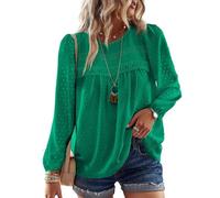 TUUHAW Women Tops Womens Fall Blouses Crew Neck Lace Hem Basic Tee Shirts Flowy Chiffon Bohemian Loose Bubble Hem Clothes Bardot Hollow Out Plain Business Clothing Clover Green L