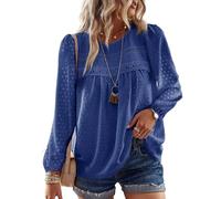 TUUHAW Women Tops Womens Fall Blouses Crew Neck Lace Hem Basic Tee Shirts Flowy Chiffon Bohemian Loose Bubble Hem Clothes Bardot Hollow Out Plain Business Clothing Royal Blue L