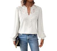 TUUHAW Women Tops Womens Fall Blouses V Neck Lace Hem Basic Tee Shirts Flowy Chiffon Bohemian Loose Bubble Hem Clothes Ruffle Bardot Hollow Out Plain Business Sexy Ladies Clothing White M