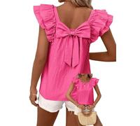 TUUHAW Womens Summer Tops Round Neck Casual Plus Size Shirts with Bow Back Cute Chiffon Clothing Ruffle Short Sleeve Babydoll Tunic Loose Fit Blouse Y2K Party Outfit Hot Pink 4XL