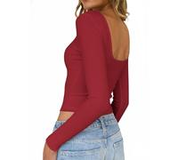 TUUHAW Womens Tops Plus Size Tops for Women Striped Backless Scoop Neck Long Sleeve Regular Ribbed Knit Lightweight Stretch T Shirts Spicy Style Clubbing Party Winter Clothing Fashion Red XL