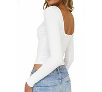 TUUHAW Womens Tops Plus Size Tops for Women Striped Backless Scoop Neck Long Sleeve Regular Ribbed Knit Lightweight Stretch T Shirts Spicy Style Clubbing Party Winter Clothing Fashion White XL