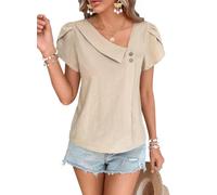 TUUHAW Womens Tops UK Asymmetrical V Neck Summer Blouse Short Petal Sleeve | Soft Casual Blouses, Tunic Tops with Button, Flowy Elegant Basic Plain, Business Bardot Shirts, Work Vintage Outdoor Clothing