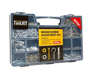 Tuulkit 665pc Wood Screw Assortment Set - Pozidrive Screw Set Includes assorted Countersunk Wood Screws, Plastic Wall Plugs with Anti-rotating Fins, Stainless Steel Hook, Washers