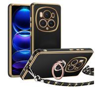 TUUTPU Mobile Phone Chain for Honor Magic 6 Pro, Case with Strap, Mobile Phone Case with 360° Ring Stand, Thin Silicone TPU, Shockproof Protective Case with Removable Cord for Hanging with Cord, Black