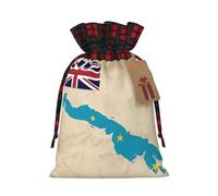 Tuvalu Map With Three Stars Print Christmas Party Gift Bags, Linen Drawstring Xmas Holiday Wedding Treat Candy Jewelry Sacks, Color Blocking Plaid Fabric