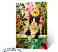 Tuxedo Cat Bathing Paint by Number for Adults Animal with Yellow Rubber Duck on Her Head Picture Canvas Green Pools DIY Oil Painting Kits Acrylic Paints for Home Wall Decor Art Craft Gifts (Frameless)
