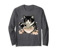 Tuxedo Cat Eating Ramen Noodles Japanese Cherry Blossom Cat Long Sleeve T-Shirt