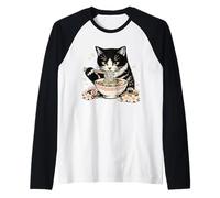 Tuxedo Cat Eating Ramen Noodles Japanese Cherry Blossom Cat Raglan Baseball Tee