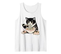Tuxedo Cat Eating Ramen Noodles Japanese Cherry Blossom Cat Tank Top