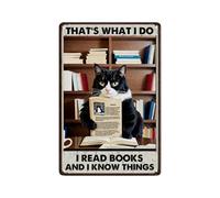 Tuxedo Cat I Read A Book And I Know Things Vintage Aluminum Tin Sign - Literary Feline with Attitude Quote Decorative Metal Sign, 8x12 Inches, Humorous Wall Decor for Study, Library