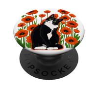 Tuxedo Cat In A Field of Poppies Floral Nature Kitten Lovers PopSockets Adhesive PopGrip