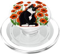 Tuxedo Cat In A Field of Poppies Floral Nature Kitten Lovers PopSockets PopGrip for MagSafe