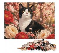 Tuxedo Cat Surrounded by Flowers Wooden Jigsaw 300 Pieces for Adults | During puzzle time: Puzzle for Adults: quiet evening activity alone or together.