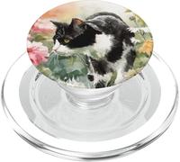 Tuxedo Cat White and Black Botanicals Garden Flowers PopSockets PopGrip for MagSafe
