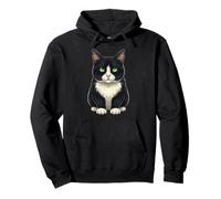 Tuxedo Cat With Green Eyes Cute Cat Illustration Black White Pullover Hoodie
