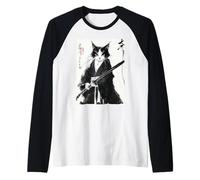 Tuxedo Samurai Cat Japanese Ink Painting Swordsman Gift Raglan Baseball Tee