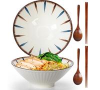 TuYines 2pcs Ceramic Ramen Bowls, 1000 ml Ramen Bowl Set of 2, Japanese Ceramic Bowl, Ramen Bowls with Spoon & Chopsticks, SaladBowl (Grass)
