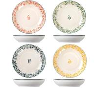TuYines Ceramic Deep Dinner Plates Set of 4 Patterned,8 Inch Ceramic Dessert Plates,Salad Plates Set,Dinnerware Set for Pasta Bowls,Ramen Microwave & Dishwasher Safe