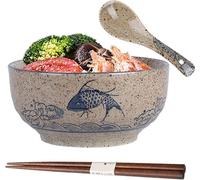 TuYines Ramen Bowl, Japanese Ceramic Bowl, Ramen Bowl with Spoon, Chopsticks, Ramen Bowl, Porcelain Soup Bowls, Salad Bowls, Capacity 580ml, Diameter 15.5cm, Height 7.5cm