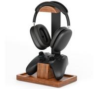 Tuykay Headphone Stand and Controller Holder, 2-in-1 Walnut Wood Gaming Desk Organizer Compatible with PS5/Xbox Controllers, Display Mount for AirPods Max, Bose, Sennheiser, Gift for Gamers