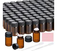 TUZAZO 100 Pack Amber Essential Oil Bottles - 2ml (5/8 Dram) Oils Sample Bottles with Orifice Reducers, Caps, Labels and 2pcs Droppers - Mini Glass Vials for Essential Oils Perfumes Lab Chemicals