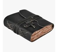 TUZECH Vintage Leather Journal with Belt & Key - Handmade Refillable Notebook, Rustic Travel Diary, Writing Sketchbook for Men & Women, Antique Style Gift Journal (Black, 7x5)