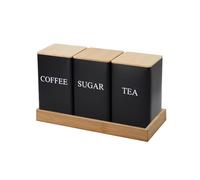 Tuzsocr 3 Pack Tea Sugar Coffee Canister Set with Bamboo Lids, Airtight Storage Canisters Food Storage Containers Pots Jars, Rust Resistant Powder Coated Iron Caddies,for Kitchen Food Storage (Black)