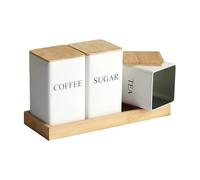 Tuzsocr 3 Pack Tea Sugar Coffee Canister Set with Bamboo Lids, Airtight Storage Canisters Food Storage Containers Pots Jars, Rust Resistant Powder Coated Iron Caddies,for Kitchen Food Storage (White)