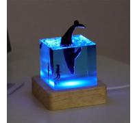 Tuzsocr 3D Epoxy Resin Lamp,LED Whale Night Light,Sea Diver and Shark Cube Lamp,Realistic Ocean Animals Sculpture,Whale Model with Woodern Base 70mm,Unique Style Gift for Ocean Lovers (Style 4 + Base)