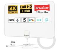 TV Aerial Indoor 250+ Miles Long Range, 4K Digital TV Aerial for Freeview TV, TV Antenna with 5M Cable for Local Channels
