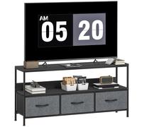 TV Cabinet 120cm Black Linen Drawers Steel Frame Adjustable Feet Modern Foldable