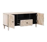 TV Cabinet White Solid Wood Mango 105 x 33.5 x 46 cm with 2 Doors and Drawer, Modern Lowboard for Living Room with Storage Space and Cable Management