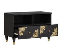 TV Cabinet with Shelf Black Solid Wood Mango 70 x 33 x 46 cm with Drawer and Brass Handles Modern Lowboard for Living Room and Storage Space