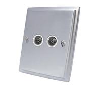 TV Coaxial Aerial Socket Double 2 Gang - Satin Matt Chrome Victorian - White Insert