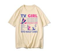 TV Girl Who Really Cares Graphic Print Cotton T-Shirts,Men's and Women's Casual Short Sleeve Tops (Khaki,S)