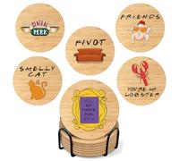 TV Show Inspired Coasters Set of 6 with Holder, TV Show Themed Drink Coaster with Cork Backing, Funny Coffee Bar Decor for Fans, Farmhouse Style Round Coasters Gift for Women Men (Friends TV Show)