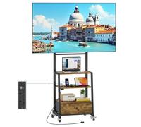 TV Stand on Wheels with Mount and Power Outlets, Rolling TV Stand Adjustable Height & Drawer Storage, for Bedroom, Living Room, Home Gym, Retro Brown (VESA 600mm x 400mm)