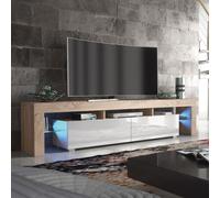 TV Unit 200cm Oak Modern Stand White Gloss Doors Free LED
