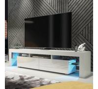 Mex Furniture Sleek Modern 200cm TV Unit Cabinet Stand White High Gloss Doors with Free LED Lights - 200 cm - 1 - White Matt Body & White Gloss Doors