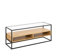 TV Unit - Black & Oak Look, Glass Top, Open Storage, Modern Media Stand