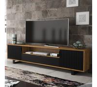 Tv Unit Blackridge 200Cm - Dark Oak With Black Fluted Doors & Drawer