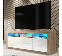 Tv Unit Shine 160Cm - Oak & White Gloss Doors And Led Lights