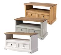TV Unit Solid Wood Living Room Furniture Open Shelf 2 Drawer Storage 3 Colours