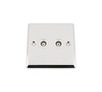 TV Wall Socket Double 2 Gang - Polished Chrome - Classic - White Insert - Coaxial Aerial Socket