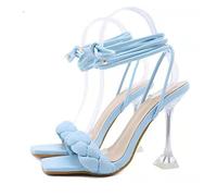 TVAFEDS High Heels Summer Weave Cross-tied Women Sandals Office Ladies Single Shoes Ankle Strap Transparent Strange Heel High Heels(Blue,10.5 UK)